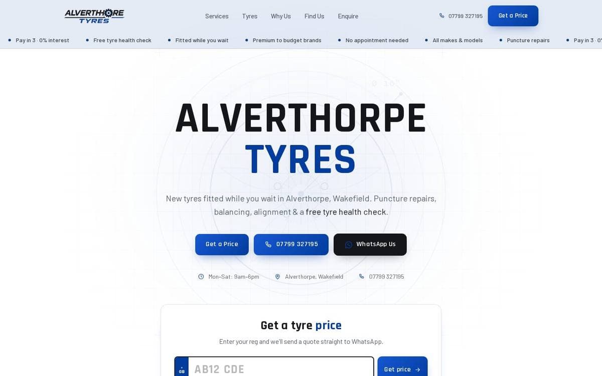Alverthorpe Tyres home page with a Get a Price button