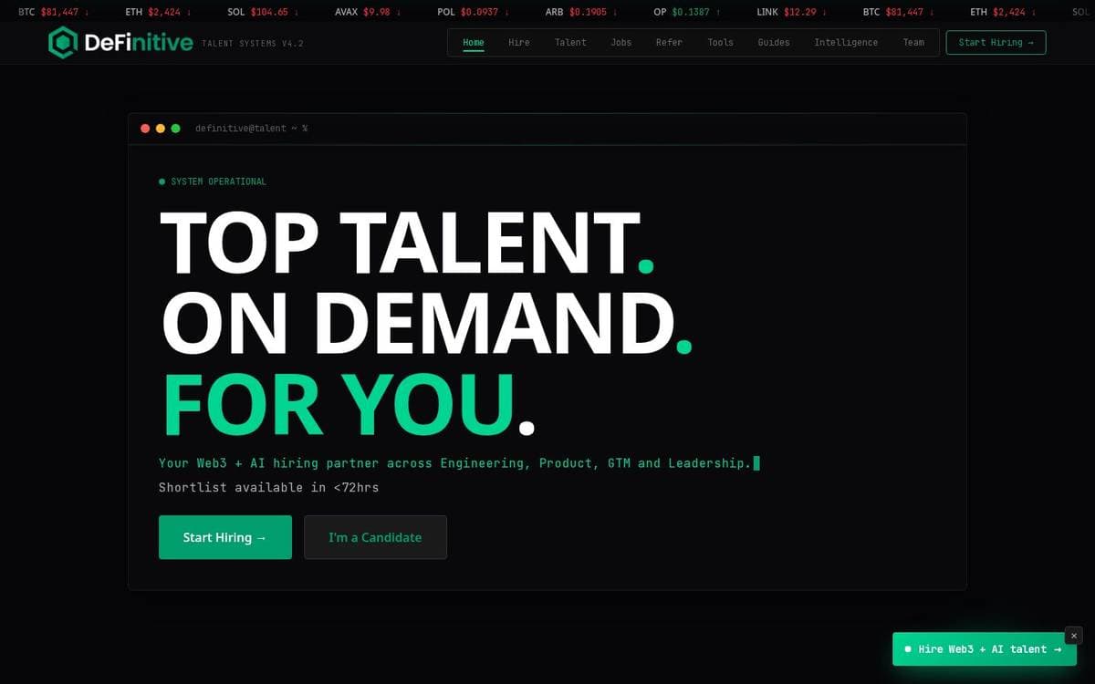 Definitive Talent home page: “Top talent. On demand. For you.”