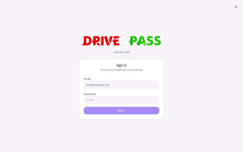 Drive 4 Pass internal CRM sign-in screen