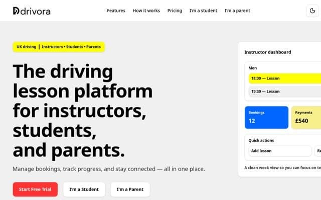 Drivora home page with an instructor dashboard preview
