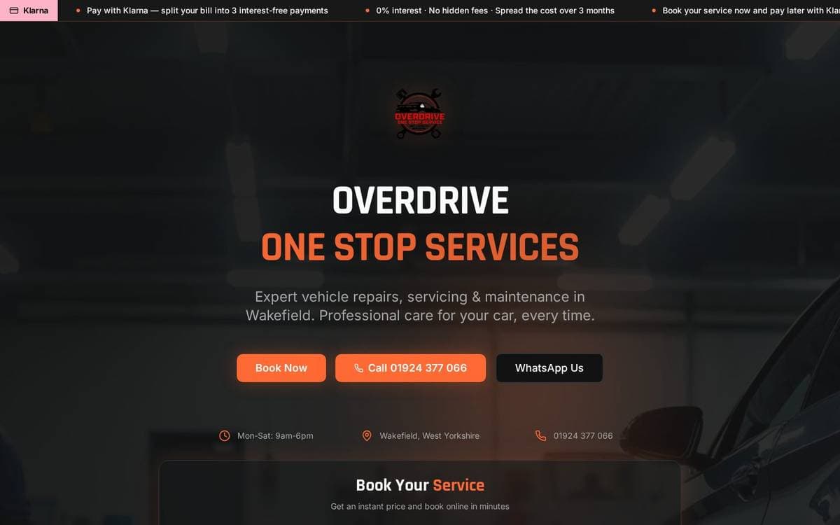 Overdrive One Stop Services home page with Book Now, Call and WhatsApp buttons