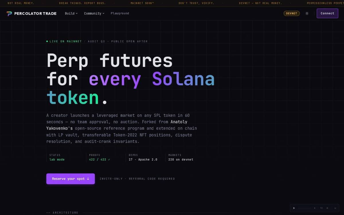 Percolator Trade home page: “Perp futures for every Solana token.”
